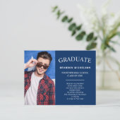 Abschluss Foto Ankündigung Einladung blau (Stehend Vorderseite)