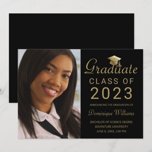 Abschluss Foto Black Gold Grad Cap Script 2023 Ankündigung (Vorne/Hinten)