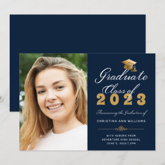 Abschluss Foto Blue Gold Script Class of 2023 Ankündigung