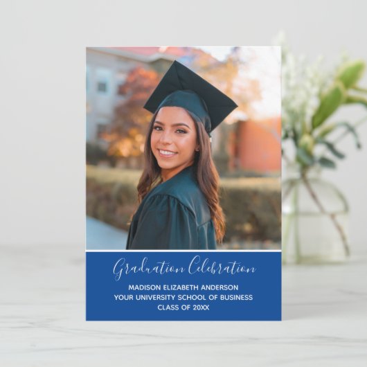 Abschluss Foto Blue White Uni-Abschluss Einladung (Stehend Vorderseite)