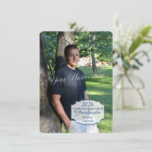 Abschluss Foto Box und Streifen Blau Einladung (Stehend Vorderseite)