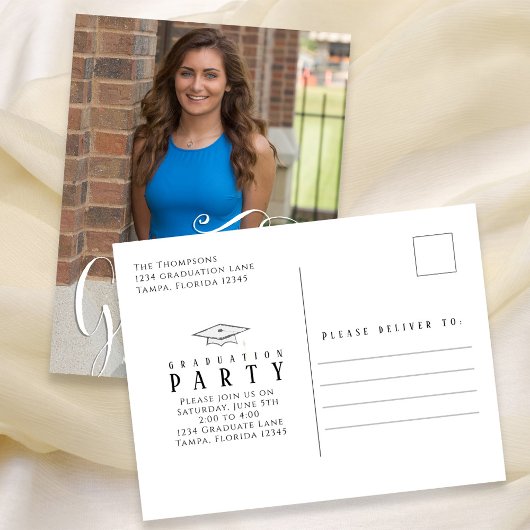 Abschluss Foto Calligraphy Script Simple White Postkarte