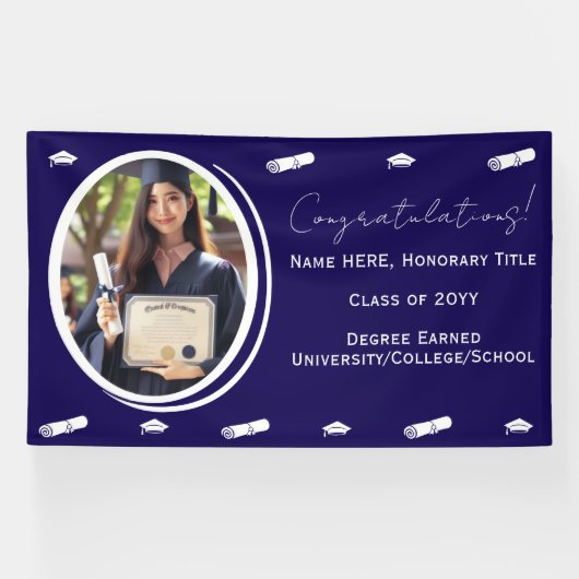 Abschluss Foto & Cap, Diploma Glückwunschs Dunkelb Banner (Horizontal)