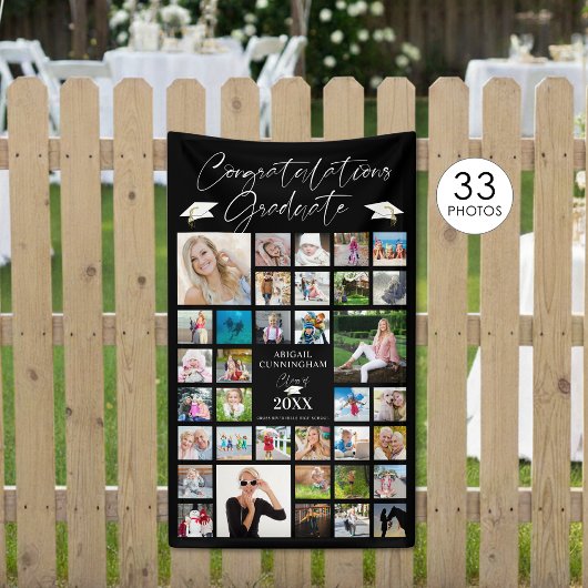 Abschluss Foto Collage Chic Script Black Banner