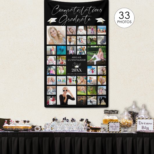 Abschluss Foto Collage Chic Script Black Banner