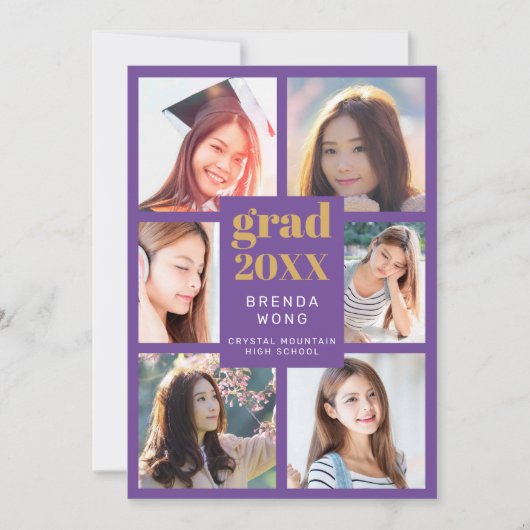 Abschluss Foto Collage Gold Weißes Script Lila Ankündigung (Vorderseite)