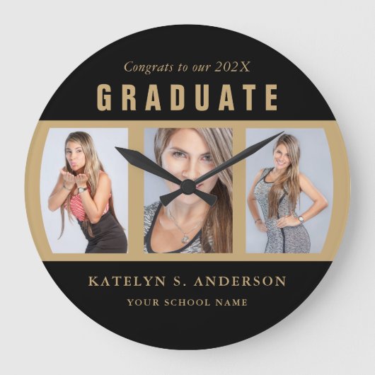 Abschluss Foto Collage Herzlichen Glückwunsch Blac Große Wanduhr (Vorderseite)