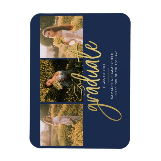 Abschluss Foto Collage Navy Gold Ankündigung Magnet (Vertikal)