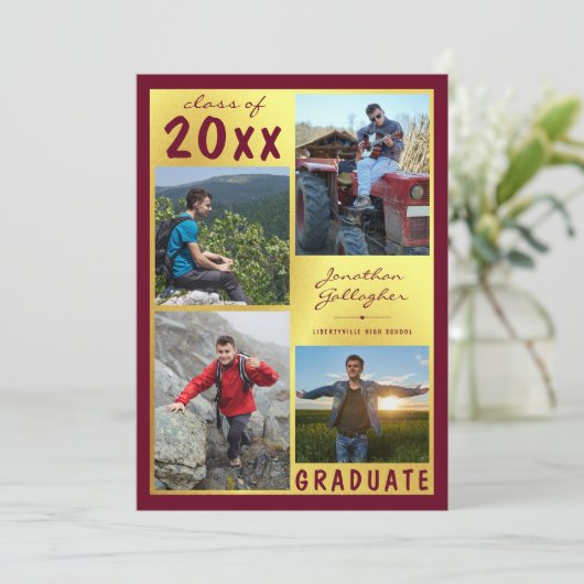 Abschluss Foto Collage Script Name Maroon Gold Ankündigung (Stehend Vorderseite)