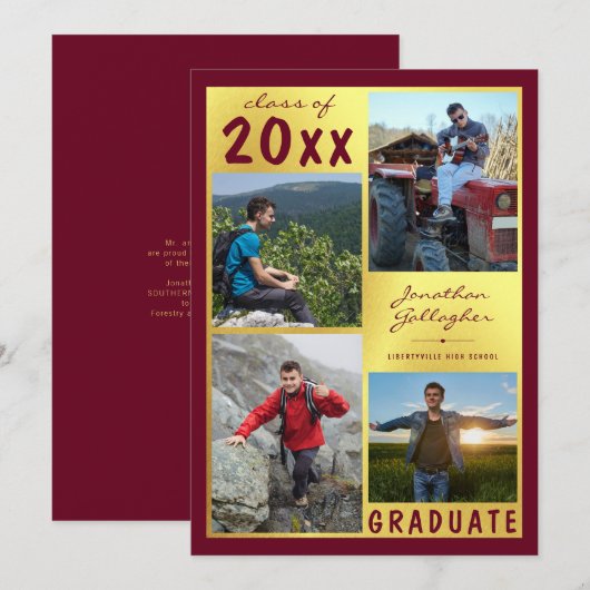 Abschluss Foto Collage Script Name Maroon Gold Ankündigung (Vorne/Hinten)