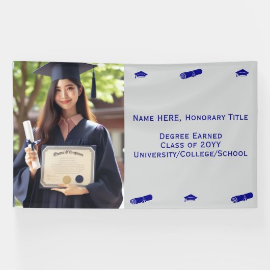 Abschluss-Foto, Diplom und Cap auf Blaue Vorlage Banner (Horizontal)
