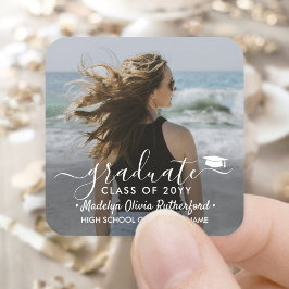 Abschluss Foto & Elegantes Jahr für weiße Skripte Quadratischer Aufkleber