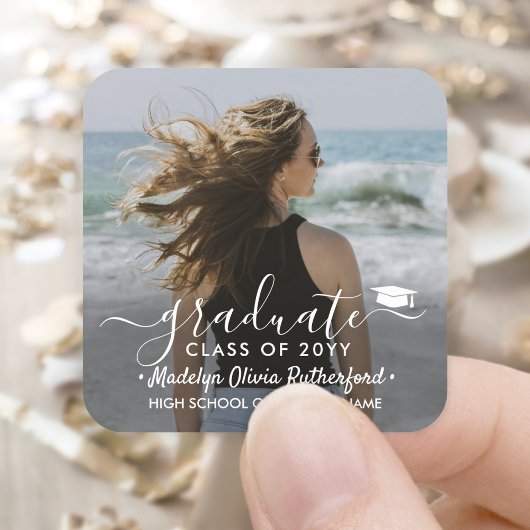 Abschluss Foto & Elegantes Jahr für weiße Skripte Quadratischer Aufkleber