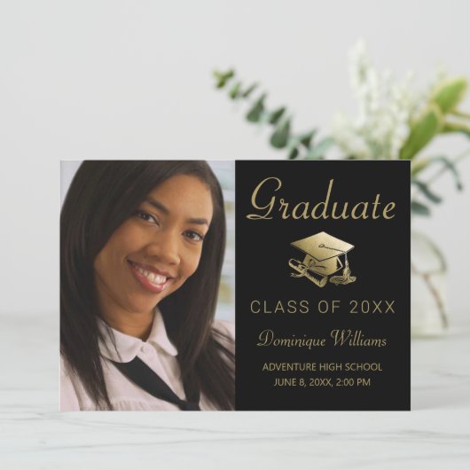 Abschluss Foto Gold Grad Cap Diploma Black Ankündigung (Stehend Vorderseite)