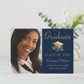 Abschluss Foto Gold Grad Cap Diploma Blue Ankündigung (Stehend Vorderseite)