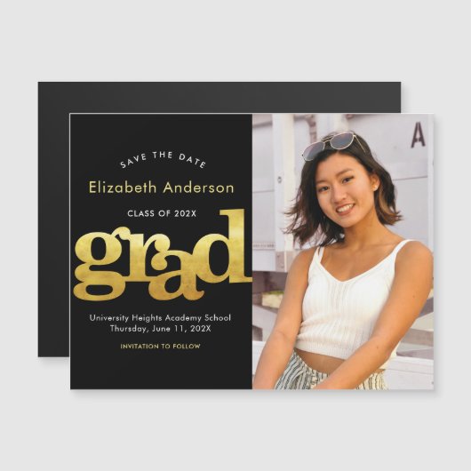 Abschluss Foto Gold Schwarze Typografie Rett Magneteinladung (Vorne/Hinten)