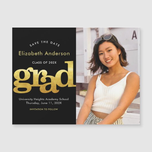 Abschluss Foto Gold Schwarze Typografie Rett Magneteinladung (Vorderseite)