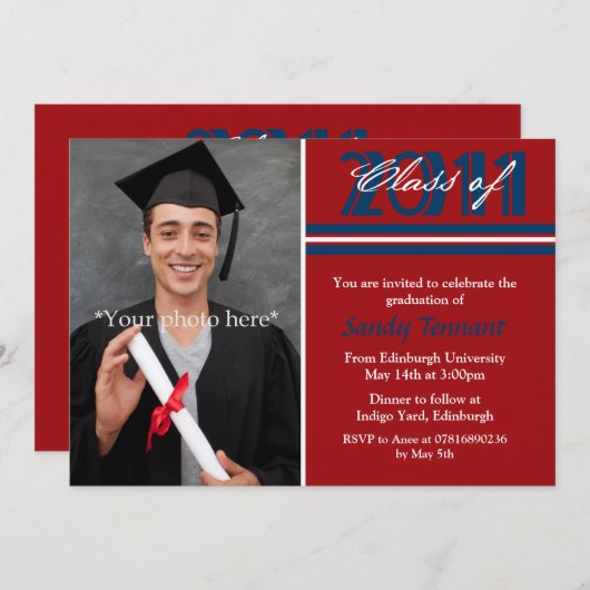 Abschluss-Foto-Mitteilungs-Rot-Streifen Einladung (Vorne/Hinten)