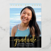 Abschluss Foto moderne Drehbuch Schwarz Echtgold Folieneinladung (Vorderseite)