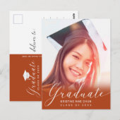 Abschluss Foto Modernes Drehbuch Orange Einladung Postkarte (Vorne/Hinten)