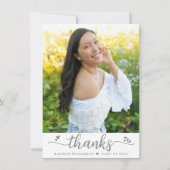 Abschluss Foto Modernes, elegantes Script Herz wei Dankeskarte (Vorderseite)