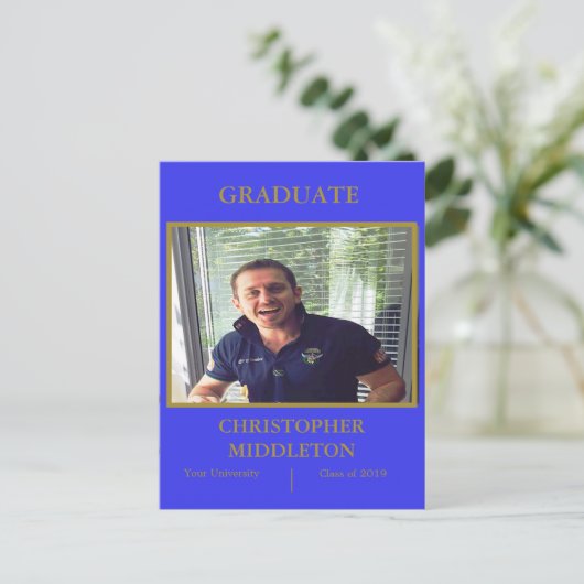 Abschluss Foto Modernes Gold Blue Party Postkarte (Stehend Vorderseite)