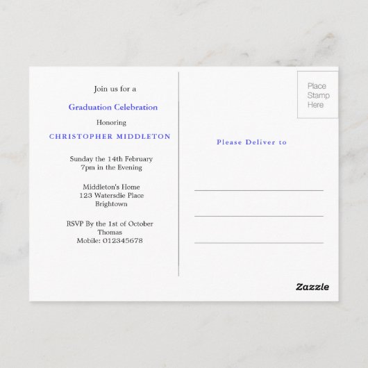 Abschluss Foto Modernes Gold Blue Party Postkarte (Rückseite)