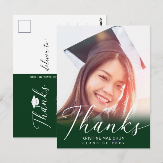 Abschluss Foto Modernes Script Green Vielen Dank Postkarte (Vorne/Hinten)