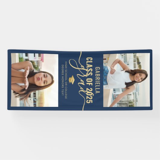 Abschluss Foto Navy Blue Gold Elegantes Banner (Horizontal)