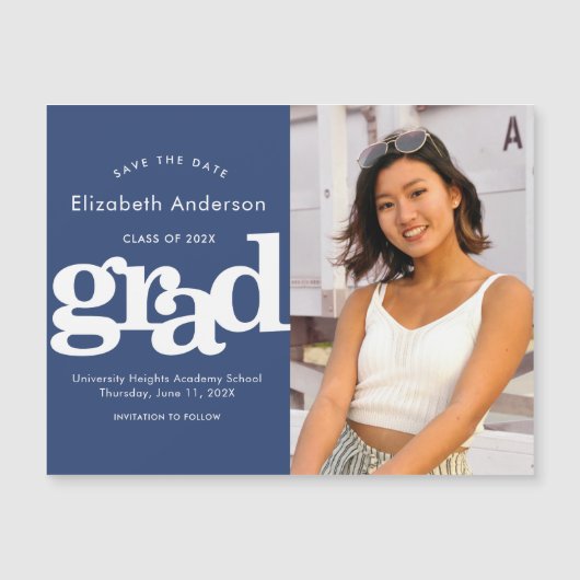 Abschluss Foto Navy Save the Date Moderne Magneteinladung (Vorderseite)