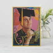 Abschluss Foto Personalisiert Note Navy und Gold Einladung (Stehend Vorderseite)