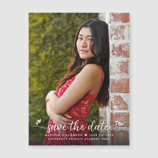 Abschluss Foto Rett Date Script Hearts Modern Magneteinladung (Vorderseite)