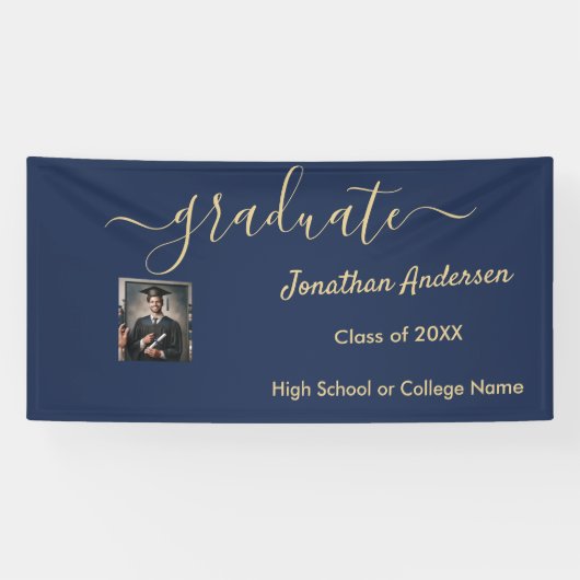 Abschluss Foto Script Navy Blue & Gold Banner (Horizontal)