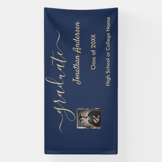 Abschluss Foto Script Navy Blue & Gold Banner (Vertikal)
