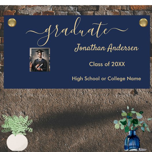 Abschluss Foto Script Navy Blue & Gold Banner