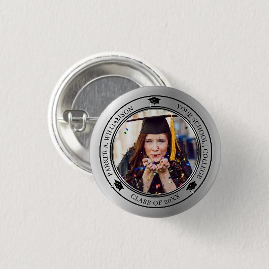 Abschluss Foto Silver Tone Grad Cap Jahr Button (Vorne & Hinten)