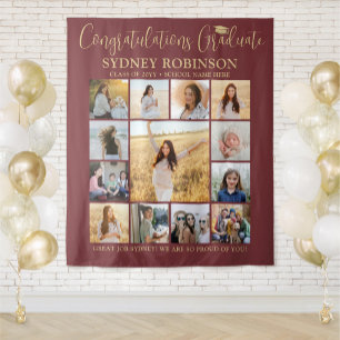 Abschluss FotoCollage Burgundy & Gold Hintergrund Wandteppich