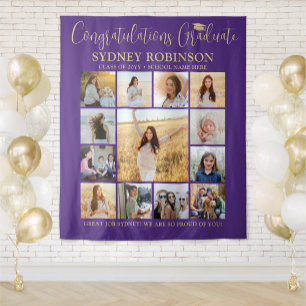 Abschluss FotoCollage Lila und Gold Hintergrund Wandteppich