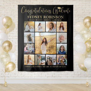 Abschluss-Fotocollage Schwarz und Gold Hintergrund Wandteppich