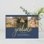 Abschluss Fotos Script Navy Blue Gold Foil Ankündigung (Stehend Vorderseite)