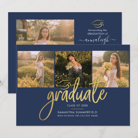 Abschluss Fotos Script Navy Blue Gold Foil Ankündigung (Vorne/Hinten)