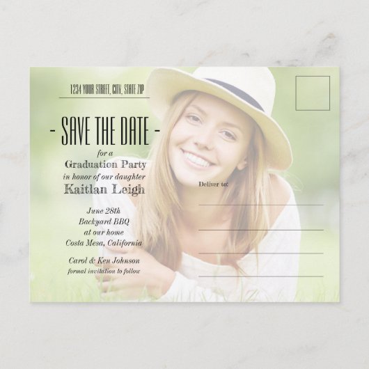 Abschluss für cooles Foto Save the Date Postkarte (Rückseite)