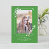 Abschluss für grünes und weißes Foto Einladung (Stehend Vorderseite)