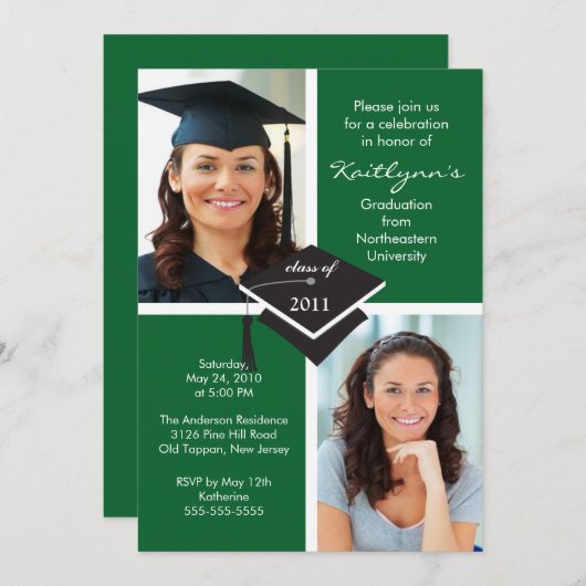 Abschluss für grünes und weißes Foto Einladung (Vorne/Hinten)