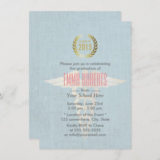 Abschluss für Medizin und Krankenpflege Blue Linen Einladung (Vorne/Hinten)