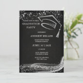 Abschluss für Schwarz und Silberner Glitzer Einladung (Stehend Vorderseite)