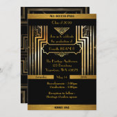 Abschluss, Gatsby Art, Karte, schwarzes Gold Einladung (Vorne/Hinten)