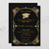 Abschluss, Gatsby-Stil, schwarzes Gold, Monogramm Einladung (Vorne/Hinten)