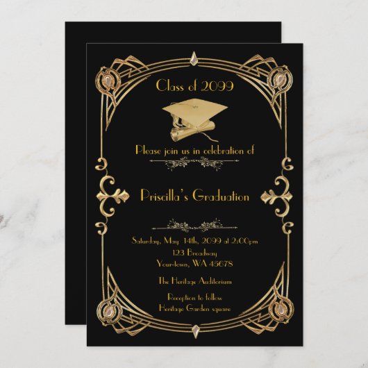 Abschluss, Gatsby-Stil, schwarzes Gold, Monogramm Einladung (Vorne/Hinten)