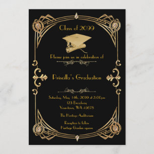 Abschluss, Gatsby-Stil, schwarzes Gold, Monogramm Einladung